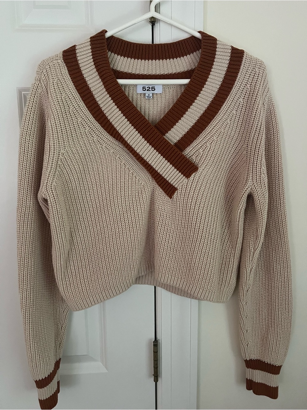 525 America Cream V-Neck Sweater with Brown Stripe Trim